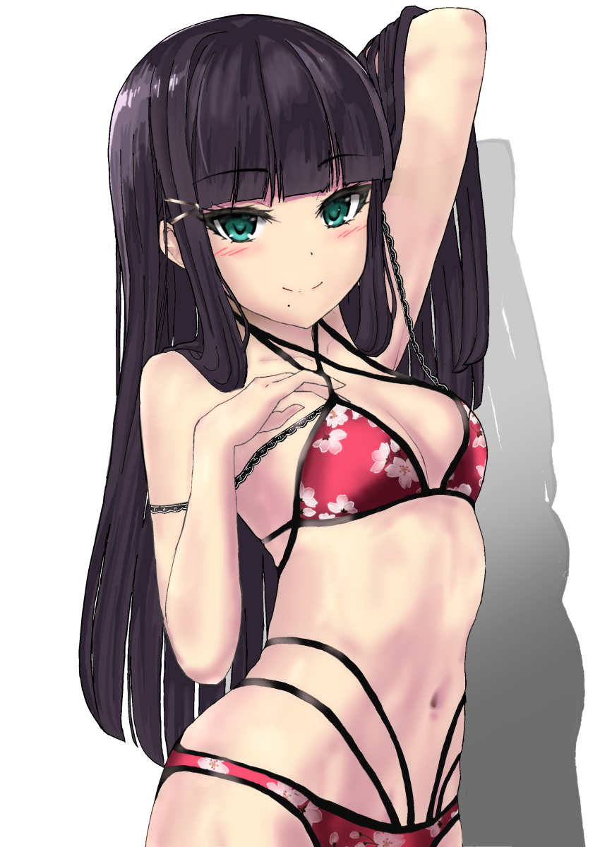 1girl, absurdres, alumina_(kennmeidesu), arm_up, bad_id, bad_pixiv_id, bikini, black_hair