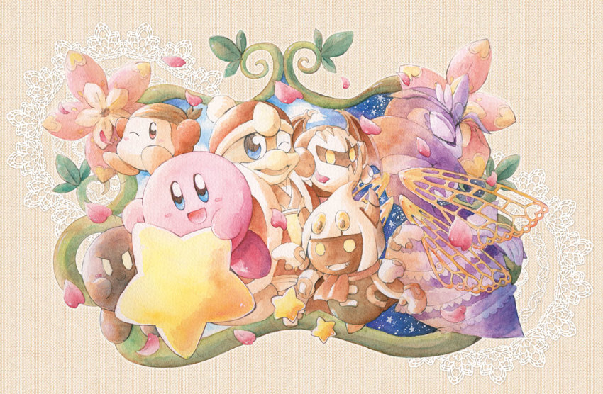 blue_eyes, blue_sky, dark_meta_knight, flower, king_dedede, kirby, kirby's_dream_land, kirby:_triple_deluxe, kirby_(series), lace, leaf, looking_at_viewer, looking_away, nintendo, one_eye_closed, petals, plant, queen_sectonia, rayman_limbs, red_eyes, satou_kairi_(u-garden), shadow_kirby, sky, smile, star_(sky), star_(symbol), starry_sky, taranza, vines, waddle_dee, warp_star, yellow_eyes