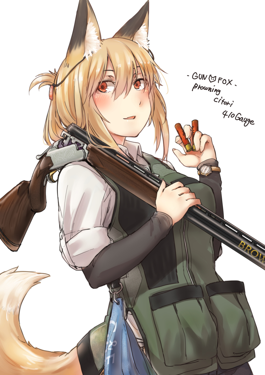.410_bore, 1girl, ammunition, animal_ears, ayyh, blonde_hair, blush, break-action_shotgun, break_action, commentary_request, derringer_cartridge, double-barreled_shotgun, engraved, female_focus, gun, highres, multicolored_hair, multiple-barrel_gun, orange_eyes, original, over-and-under-barreled_shotgun, pouch, revolver_cartridge, shotgun, shotgun_shell, solo, tail, two-tone_hair, vest, weapon, white_background