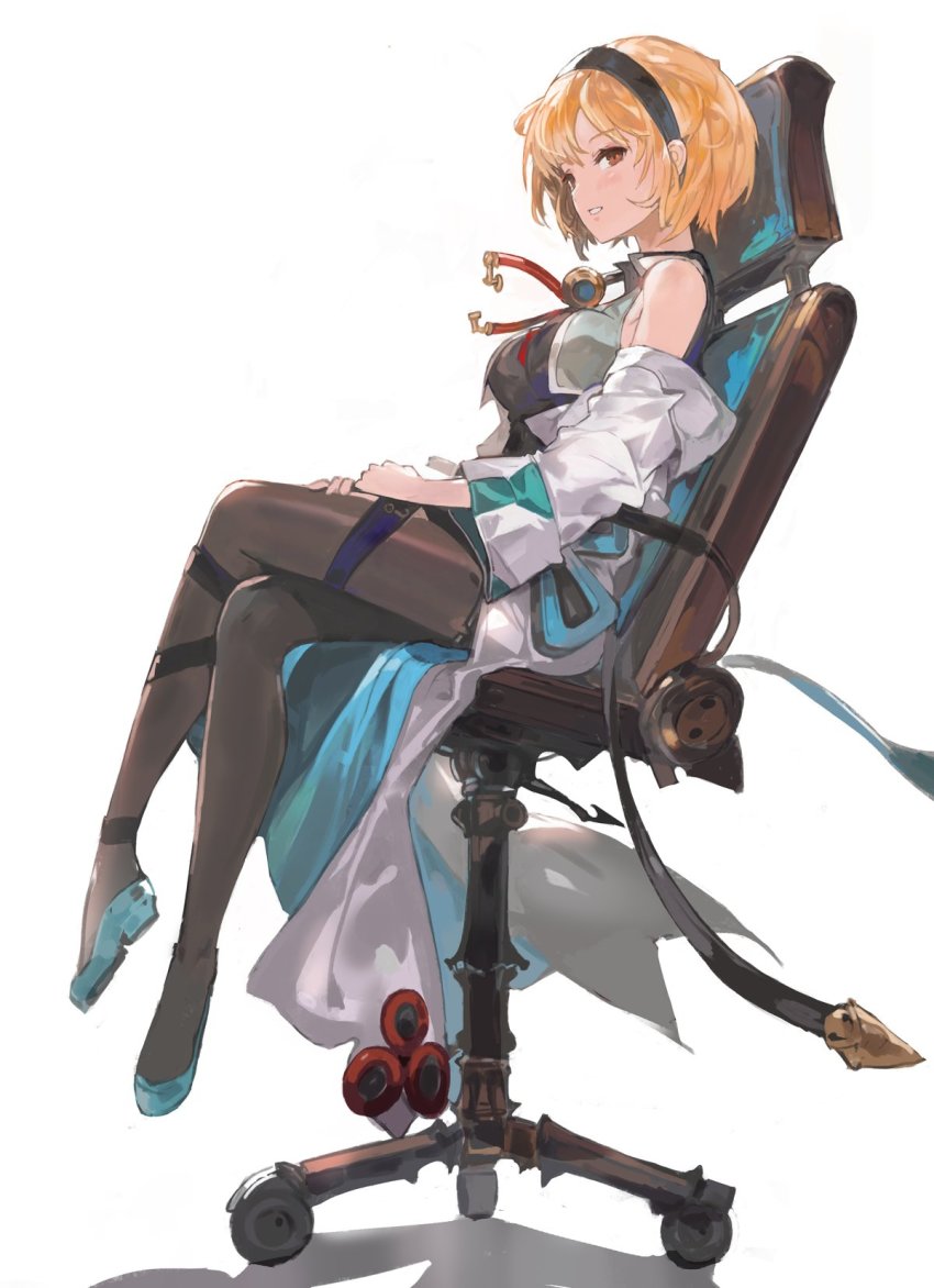 1girl, alchemaniac, bare_shoulders, blonde_hair, brown_eyes, chair, crossed_legs, djeeta_(granblue_fantasy)