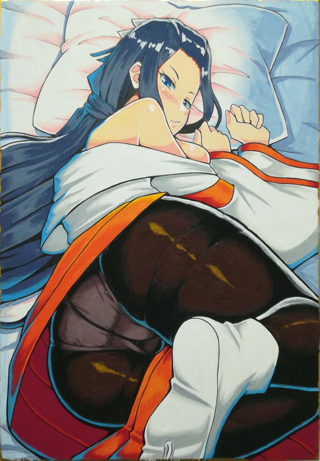 1girl, ass, bare_shoulders, black_pantyhose, blue_eyes, blue_hair, blush, breasts