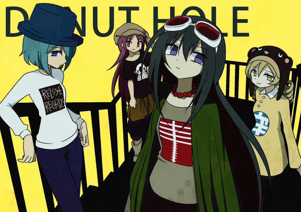 4girls, against_railing, akemi_homura, arm_support, beanie, beret, black_hair, black_shirt