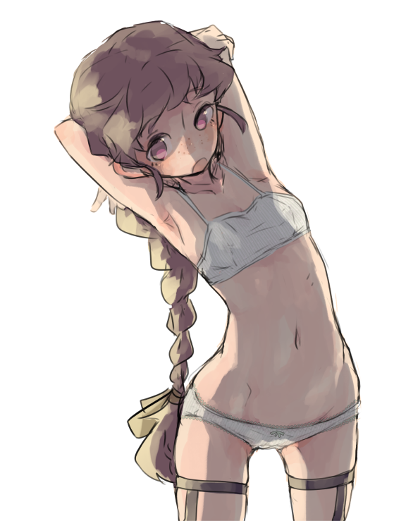 1girl, arm_behind_head, armpits, bow, bow_panties, braid, braided_ponytail, breasts