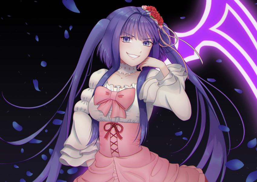 1girl, black_background, blue_eyes, blue_hair, bow, choker, dress, evil_smile