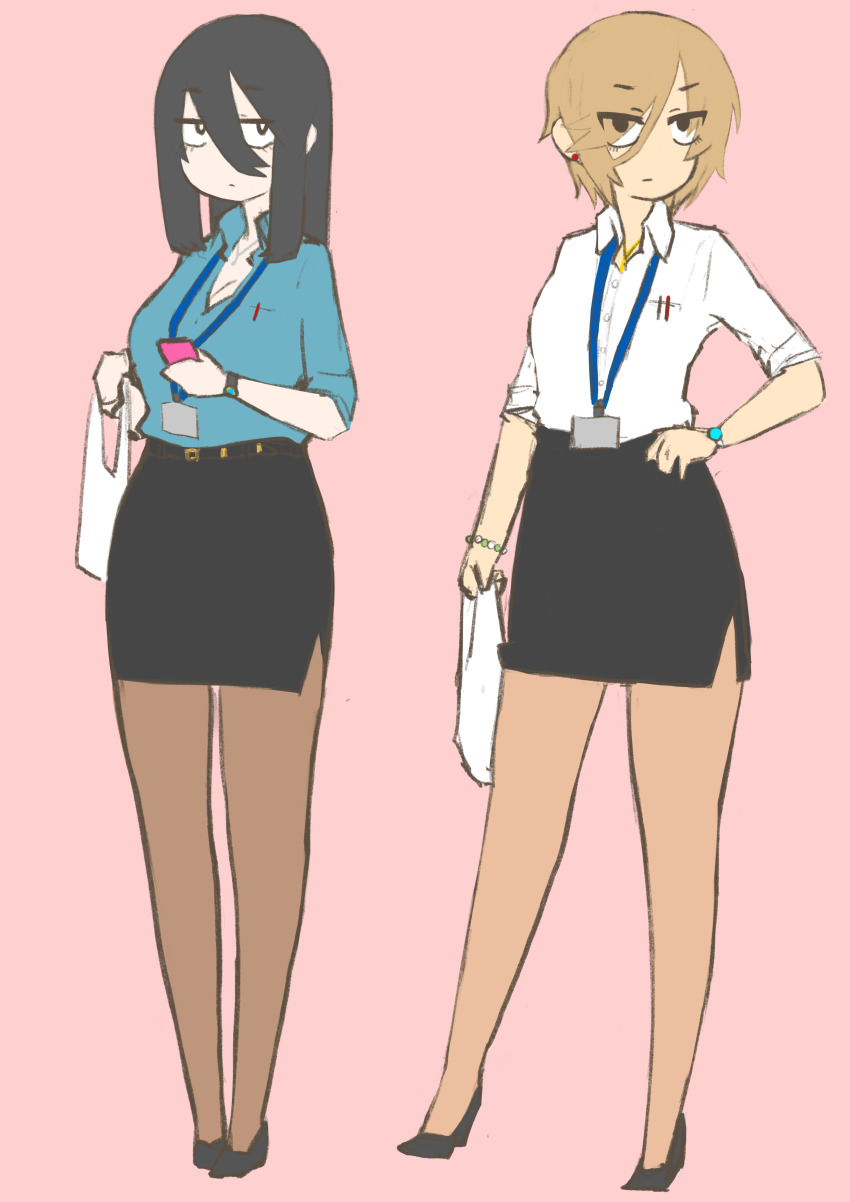 1girl, 2girls, absurdres, bag, black_hair, black_pantyhose, black_skirt, breasts