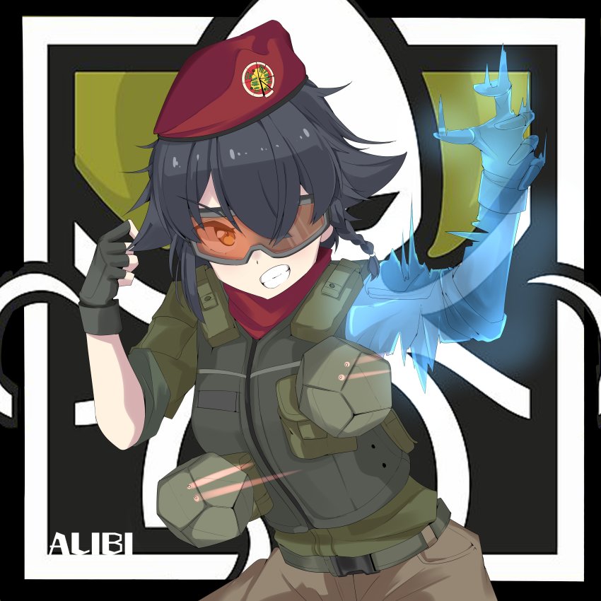 1girl, absurdres, alibi_(rainbow_six_siege), alibi_(rainbow_six_siege)_(cosplay), anzio_(emblem), arm_up, belt, beret, black_belt, black_gloves, black_hair, body_armor, braid, brown_eyes, brown_pants, character_name, collar, commentary_request, cosplay, emblem, female_focus, fingerless_gloves, girls_und_panzer, gloves, green_jacket, grin, hair_over_one_eye, hair_tie, hat, highres, hologram, jacket, kshimu, leaning_forward, long_sleeves, looking_at_viewer, military_hat, pants, partial_commentary, pepperoni_(girls_und_panzer), rainbow_six_siege, red_collar, red_hat, robot, short_hair, side_braid, sleeves_rolled_up, smile, solo, standing, tactical_clothes, upper_body, v-shaped_eyebrows
