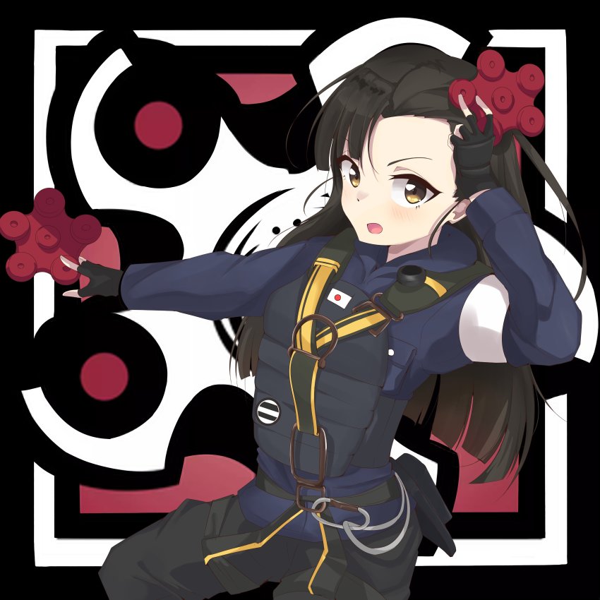 1girl, absurdres, asymmetrical_bangs, black_gloves, black_hair, black_pants, blue_jacket, blush