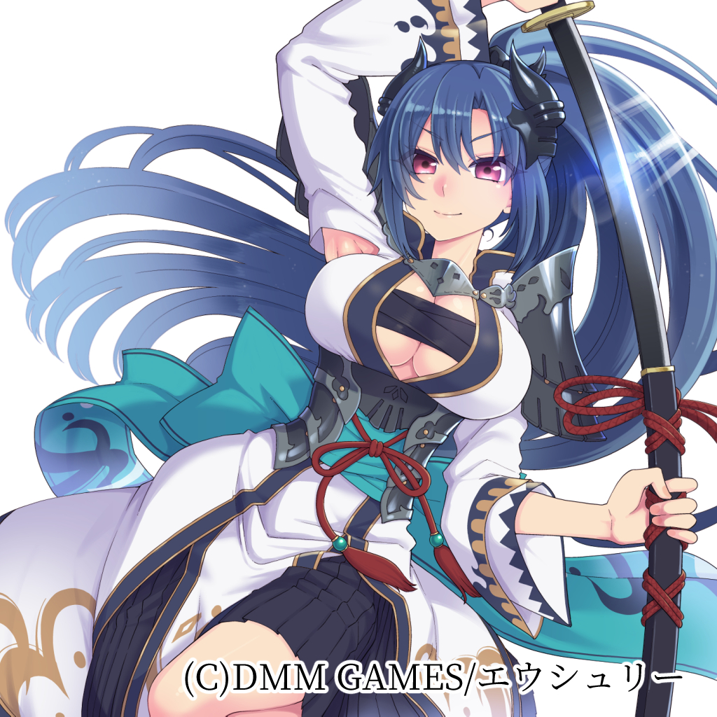 1girl, amayui_castle_meister, arm_up, armor, armpit_cutout, armpits, blue_hair, breasts