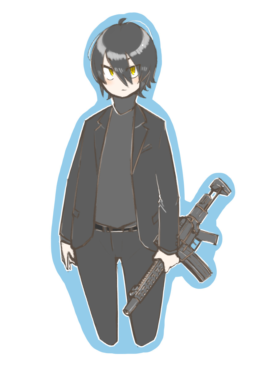 1girl, absurdres, assault_rifle, black_hair, blush, brown_eyes, cocoa_fuumi, commentary