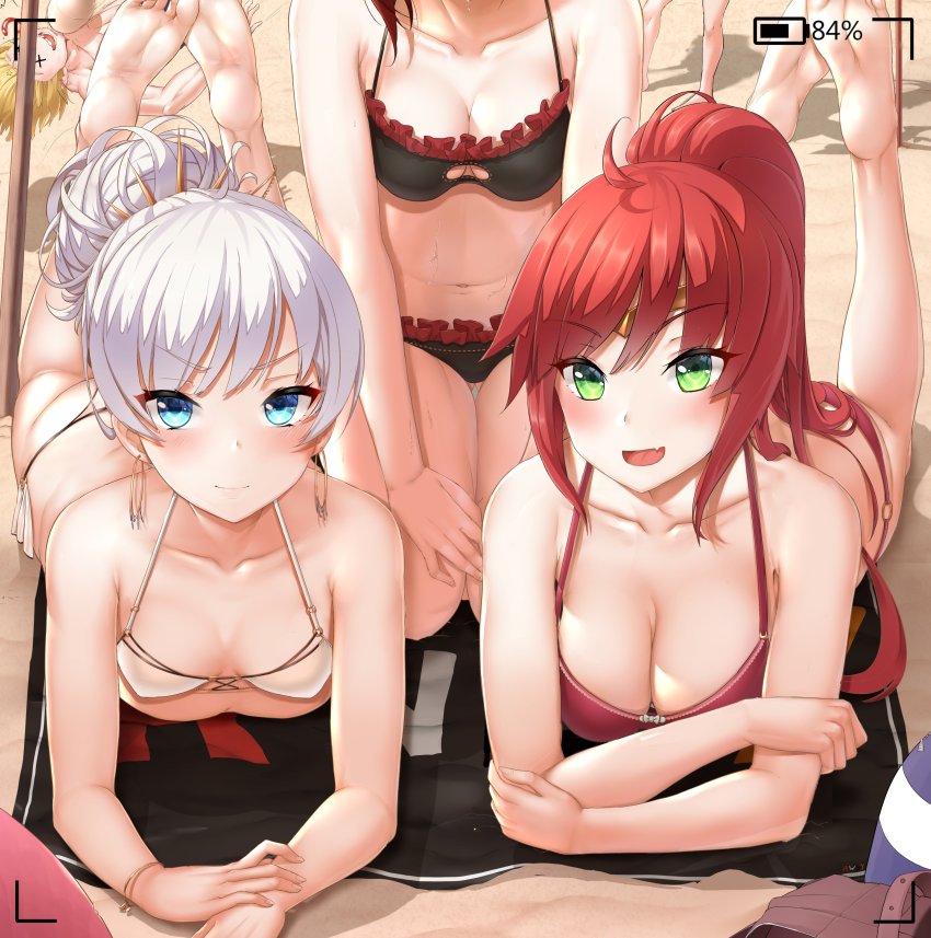 1boy, 3girls, :d, absurdres, artist_request, barefoot, beach, bikini, black_bikini, blue_eyes, blush, bracelet, breasts, cleavage, cleavage_cutout, clothing_cutout, collarbone, crossed_arms, day, feet, frilled_bikini, frills, green_eyes, hair_between_eyes, high_ponytail, highres, jaune_arc, jewelry, kneeling, large_breasts, legs_up, long_hair, looking_at_viewer, lying, medium_breasts, multiple_girls, o-ring, o-ring_bikini, on_stomach, open_mouth, outdoors, oxenia, ponytail, pyrrha_nikos, red_bikini, red_hair, ruby_rose, rwby, short_hair, silver_hair, small_breasts, smile, soles, swimsuit, the_pose, v-shaped_eyebrows, viewfinder, weiss_schnee, white_bikini