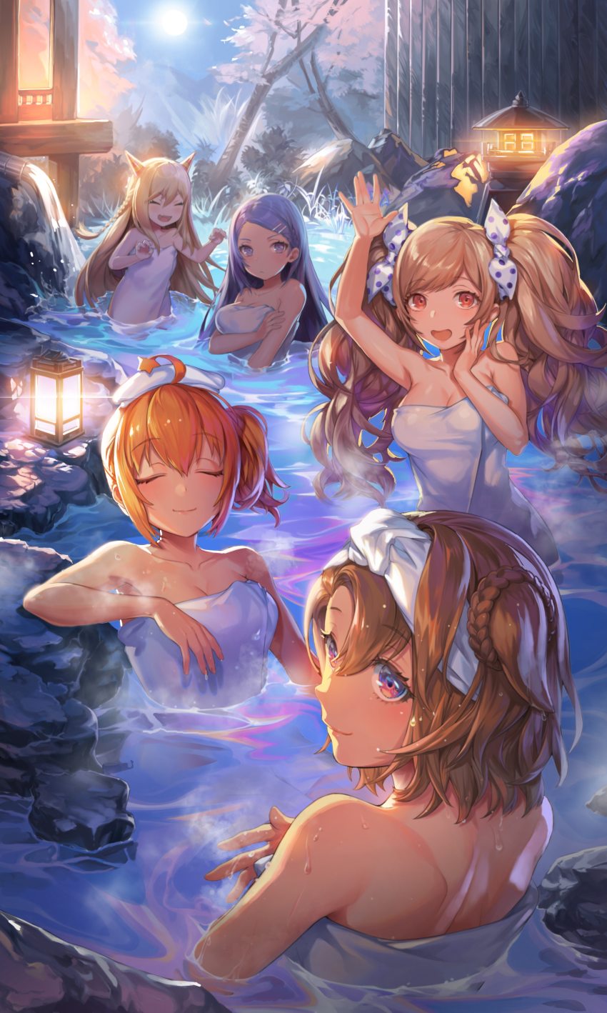 5girls, absurdres, ahoge, aria_(destiny_child), arm_up, artist_request, back, bare_shoulders