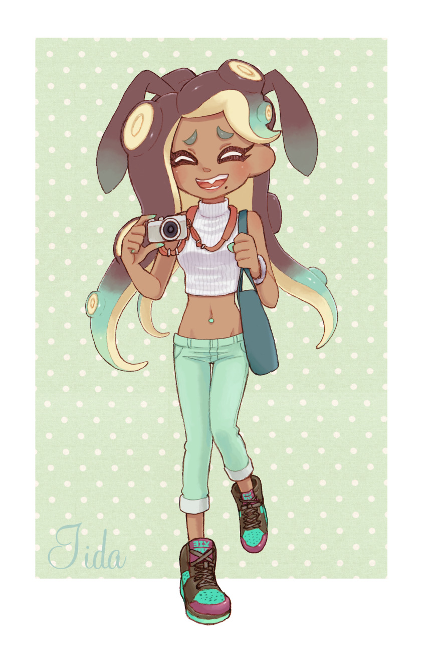 1girl, bag, black_hair, black_shoes, bracelet, camera, capri_pants, carrying, casual, character_name, closed_eyes, colored_skin, dark-skinned_female, dark_skin, facing_viewer, fang, female_focus, gradient_hair, green_background, green_hair, green_pants, halterneck, handbag, high_tops, highres, hinana37, holding, holding_camera, jewelry, long_hair, marina_(dj_hyperfresh)_(splatoon), marina_(splatoon), midriff, mole, mole_under_mouth, multicolored_hair, multicolored_skin, navel_piercing, nintendo, missing_legwear, octoling, open_mouth, outside_border, pants, piercing, pointy_ears, polka_dot, polka_dot_background, ribbed_shirt, shirt, shoes, sleeveless, sleeveless_shirt, smile, sneakers, solo, splatoon_(series), splatoon_2, standing, suction_cups, tentacle_hair, walking, white_shirt
