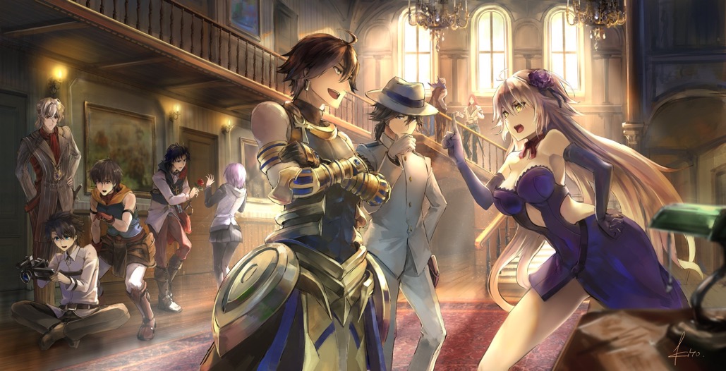 2girls, 5boys, alternate_costume, antonio_salieri_(fate), antonio_salieri_(second_ascension)_(fate), arash_(fate), arm_guards, bartholomew_roberts_(fate)