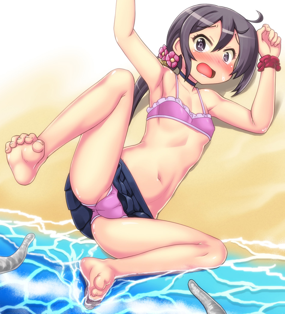 1girl, akebono_(kancolle), akebono_(swimsuit)_(kancolle), alternate_costume, beach, bell, bikini, blush