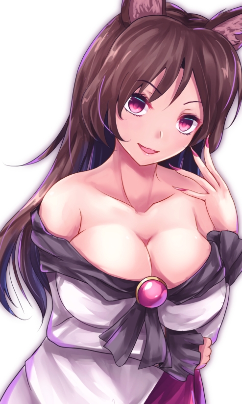 1girl, animal_ears, arm_under_breasts, bad_id, bad_pixiv_id, bare_shoulders, breasts, brooch