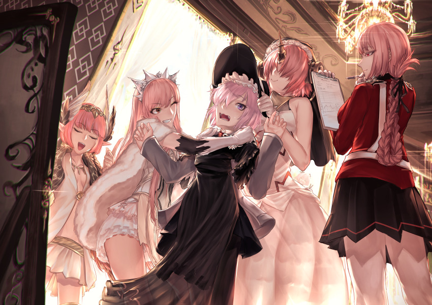 5girls, alternate_costume, astolfo_(fate), astolfo_(rider)_(fate), belt, black_dress, black_headwear, black_ribbon, black_skirt, blunt_bangs, braid, bridal_veil, chandelier, circe_(fate), circe_(first_ascension)_(fate), clipboard, closed_eyes, dress, elbow_gloves, fate/grand_order, fate_(series), feathered_wings, florence_nightingale_(fate), frankenstein's_monster_(fate), frankenstein's_monster_(fate/apocrypha), gloves, hair_intakes, hair_over_eyes, hair_over_one_eye, hair_ribbon, head_wings, highres, holding, holding_clipboard, horns, jacket, joki_yoh, long_hair, mash_kyrielight, medb_(fate), medb_(first_ascension)_(fate), military, military_uniform, multicolored_hair, multiple_girls, one_eye_closed, open_mouth, pantyhose, pink_hair, pleated_skirt, pointy_ears, purple_eyes, purple_hair, red_jacket, ribbon, short_hair, single_braid, single_horn, skirt, smile, streaked_hair, tiara, veil, white_belt, white_dress, white_gloves, white_hair, white_legwear, white_skirt, wings, yellow_eyes