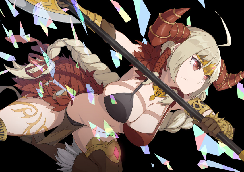 1girl, absurdres, axe, beatrice_(brown_dust), bikini, blonde_hair, boots, braid