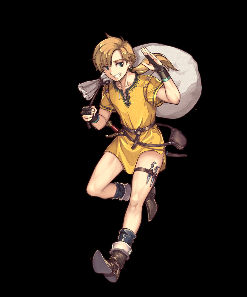 1boy, amiba_(nerdamiba), bag, belt, blonde_hair, boots, dagger, dew_(fire_emblem)