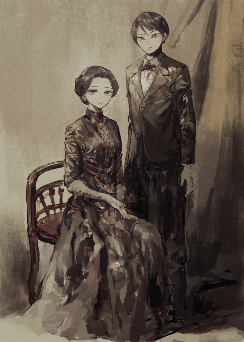 1boy, 1girl, absurdres, black_dress, black_hair, black_pants, bow, bowtie