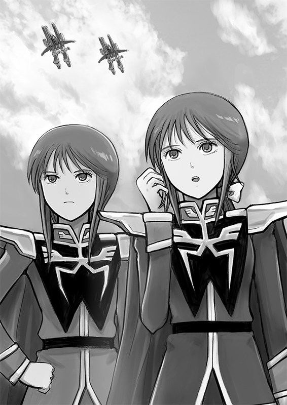 breasts, closed_mouth, commentary_request, ga-zowmn, gacha-m, greyscale, gundam, gundam_zz