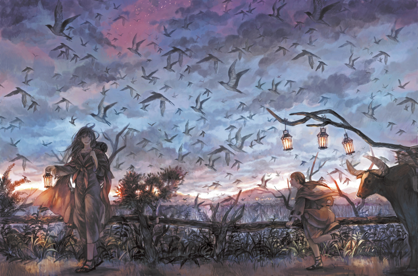 2girls, bad_id, bad_pixiv_id, bird, cow, faux_traditional_media, landscape, lantern