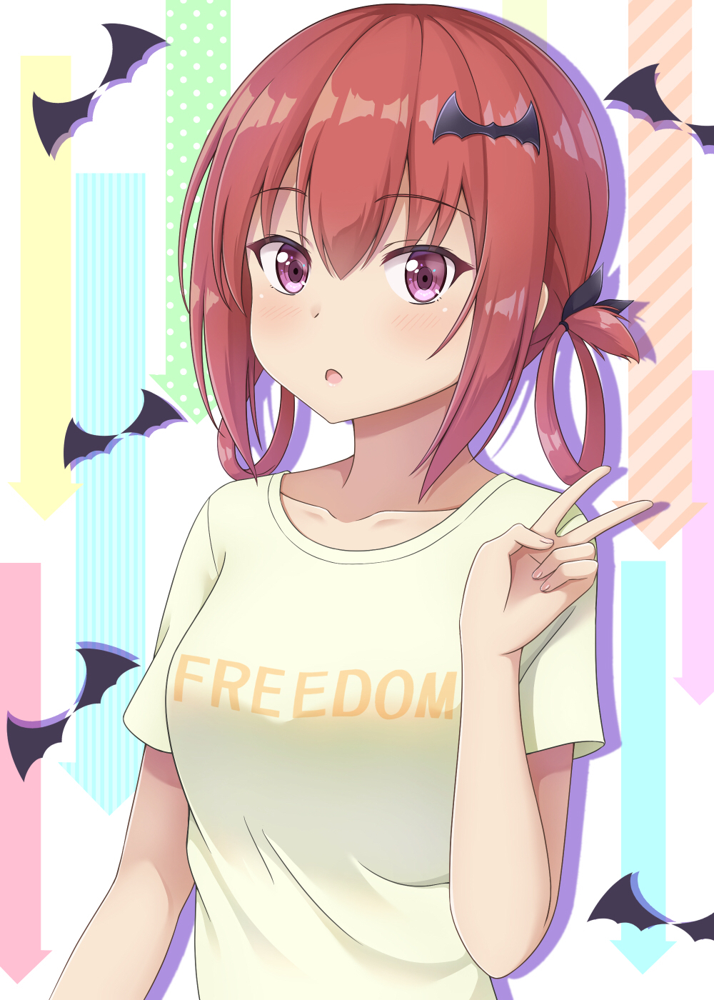 1girl, alternate_costume, arrow_(symbol), arrow_background, bat_background, bat_hair_ornament, black_ribbon, blush, clothes_writing, commentary_request, darknessukaru, english_text, female_focus, gabriel_dropout, hair_between_eyes, hair_ornament, hair_ribbon, hand_up, highres, looking_at_viewer, medium_hair, open_mouth, purple_eyes, red_hair, ribbon, satanichia_kurumizawa_mcdowell, solo, v