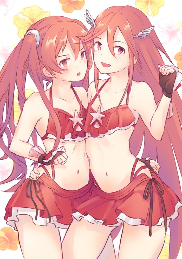 2girls, bad_id, bad_twitter_id, bikini, cordelia_(fire_emblem), cordelia_(knight_paradise)_(fire_emblem), fingerless_gloves, fire_emblem, fire_emblem_awakening, fire_emblem_heroes, flower, gloves, hair_ornament, long_hair, matching_outfits, mother_and_child, mother_and_daughter, multiple_girls, navel, nintendo, open_mouth, parent_and_child, red_bikini, red_eyes, red_hair, severa_(fire_emblem), swimsuit, twintails, unigon_(kitsutsuki)