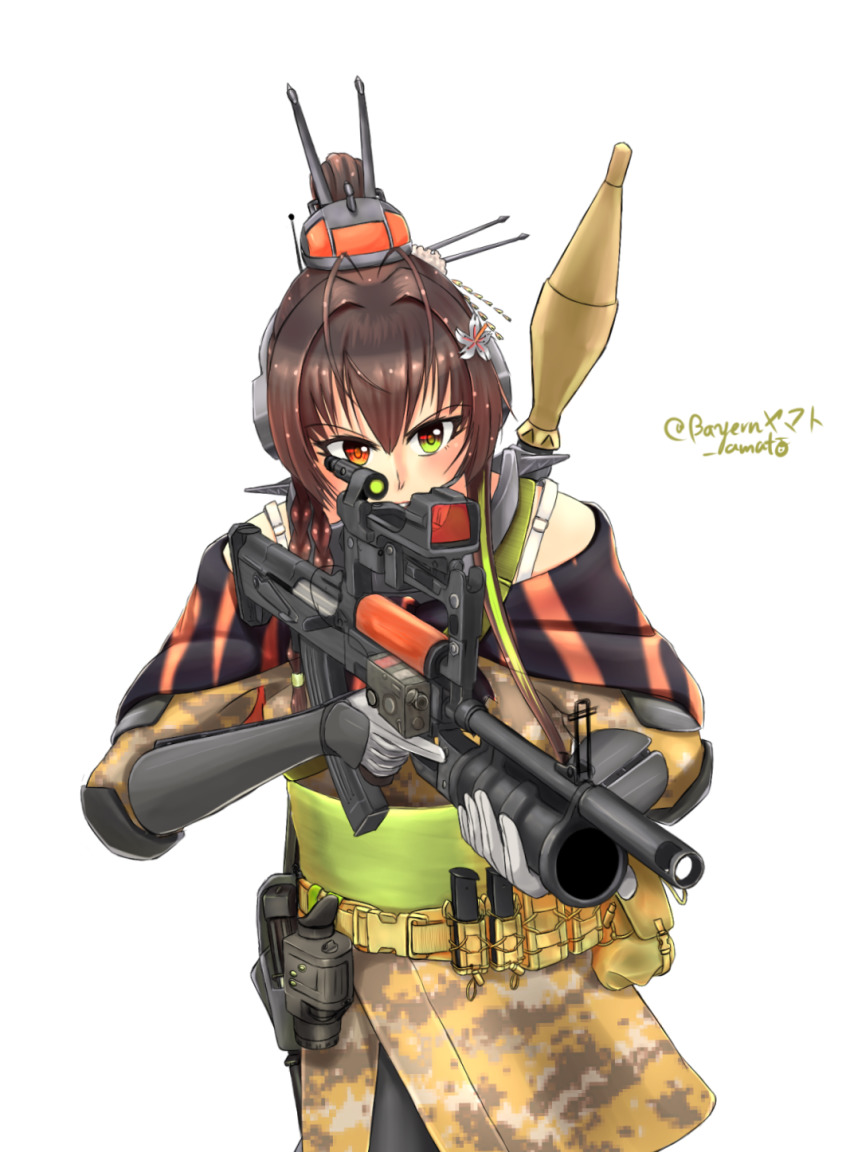 1girl, armor, arsenal_ad, artist_name, assault_rifle, battle_rifle, brown_hair, bullpup