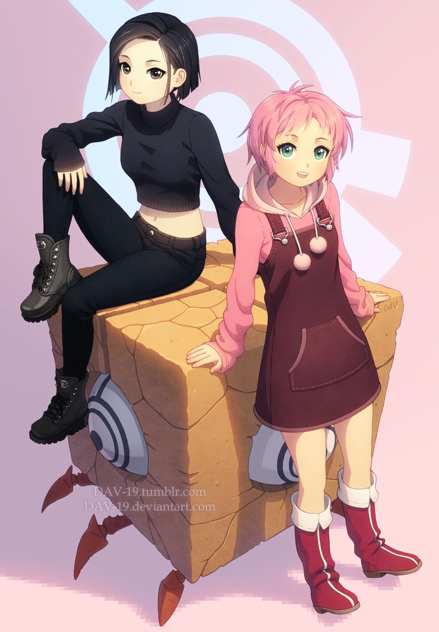 2girls, aelita, artist_name, belt, black_footwear, black_hair, black_pants, boots, brown_eyes, code_lyoko, crop_top, dav-19, deviantart_username, green_eyes, highres, hood, hood_down, hoodie, ishiyama_yumi, long_sleeves, looking_at_viewer, multiple_girls, navel, overalls, pants, pink_hair, short_hair, sitting, sleeves_past_wrists, standing, tumblr_username, watermark, web_address