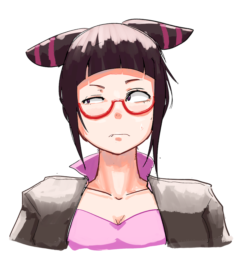 1girl, bespectacled, black_hair, blunt_bangs, breasts, cleavage, constricted_pupils, fang
