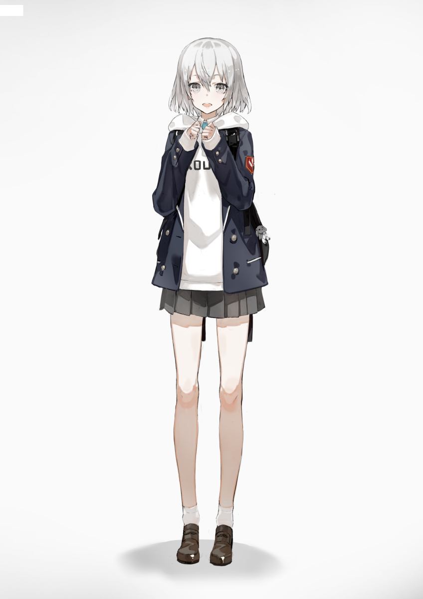 1girl, :d, backpack, bag, black_jacket, black_shoes, black_skirt, clothes_writing