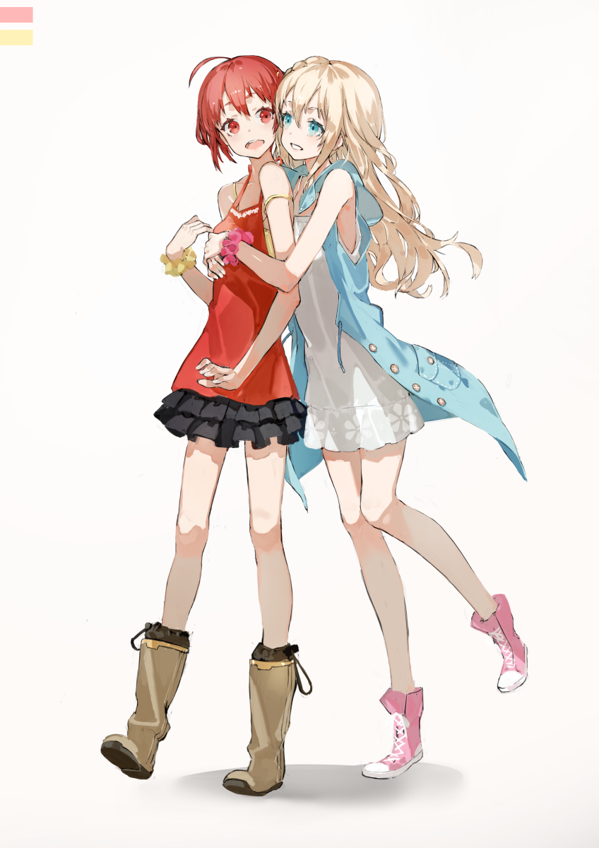 2girls, :d, ahoge, bare_arms, bare_shoulders, black_skirt, blonde_hair, blue_eyes