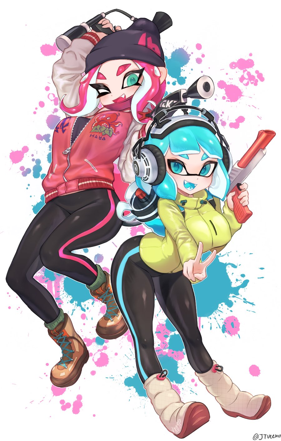 2girls, :d, ;d, aqua_eyes, beanie, black_headwear, black_pants, blue_eyes