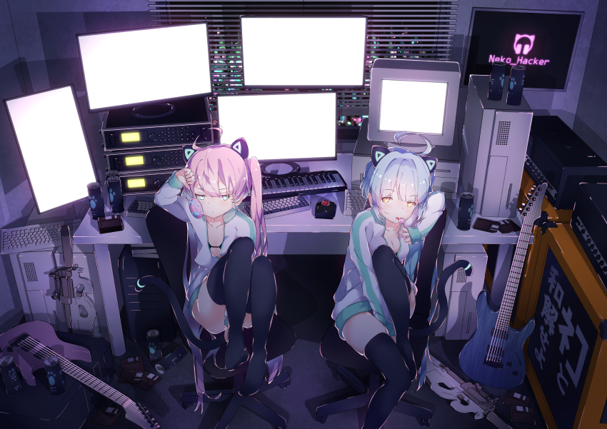 2girls, animal_ears, black_bra, black_legwear, blue_eyes, blue_hair, blush, bra, breasts, can, candy, cat_ears, cat_tail, chair, christ_signboard, cleavage, collarbone, commentary, computer, computer_keyboard, computer_tower, copyright_name, desk, floppy_disk, food, guitar, highres, hoji_(hooooooooji1029), hood, hoodie, indoors, instrument, keyboard_(instrument), licking, logo, lollipop, long_hair, long_sleeves, looking_at_viewer, mechanical_keyboard, medium_breasts, monitor, multiple_girls, music, neko_hacker, night, no_pants, no_shoes, office_chair, open_clothes, open_hoodie, pink_hair, screen_light, sera_(neko_hacker), sho_(neko_hacker), sitting, small_breasts, swivel_chair, synthesizer, tail, thighhighs, thighs, underwear, vertical_monitor, white_hoodie, window, window_blinds, yellow_eyes