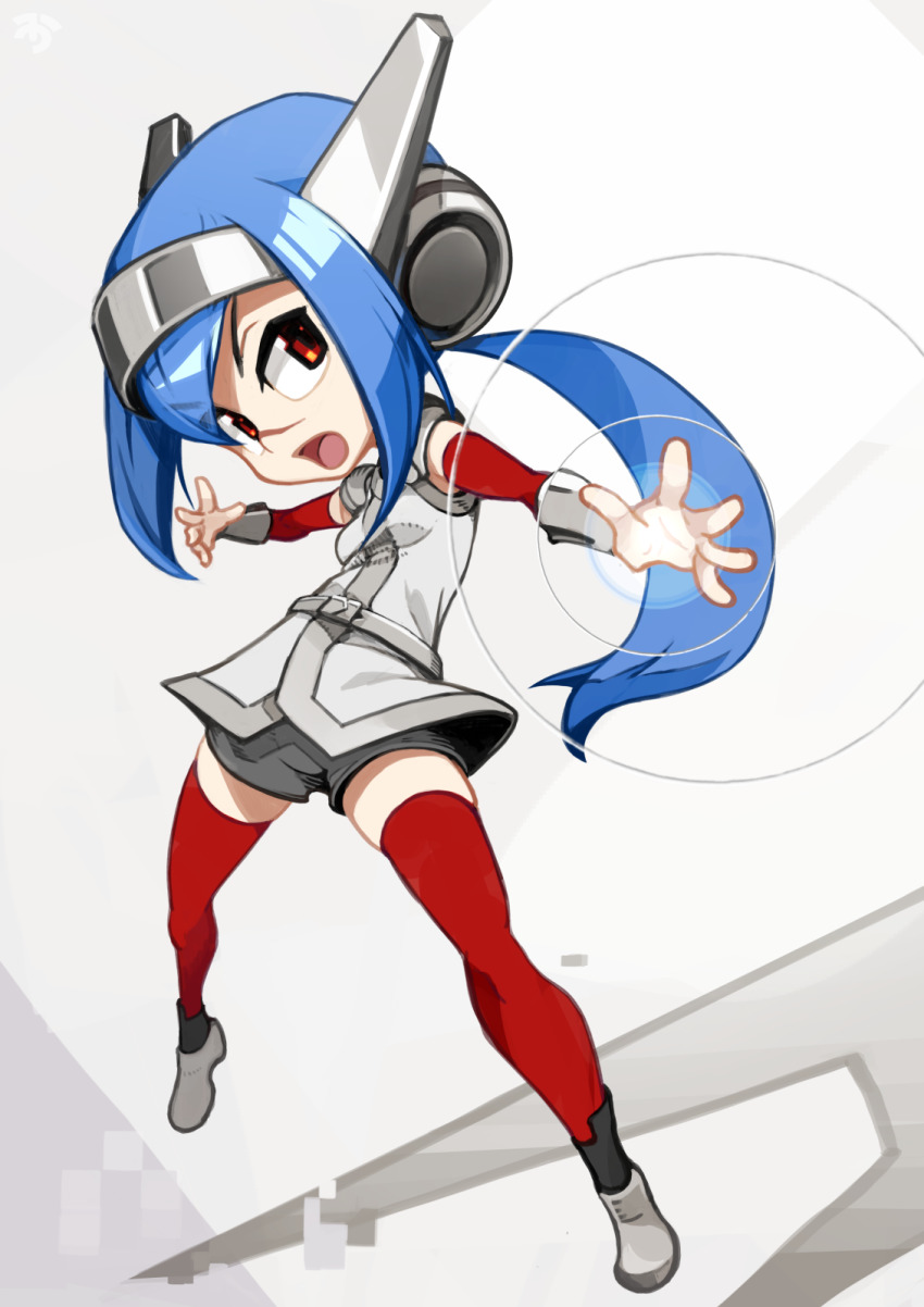 1girl, arm_warmers, armor, blue_hair, bracer, chibi, crosscode, female_focus