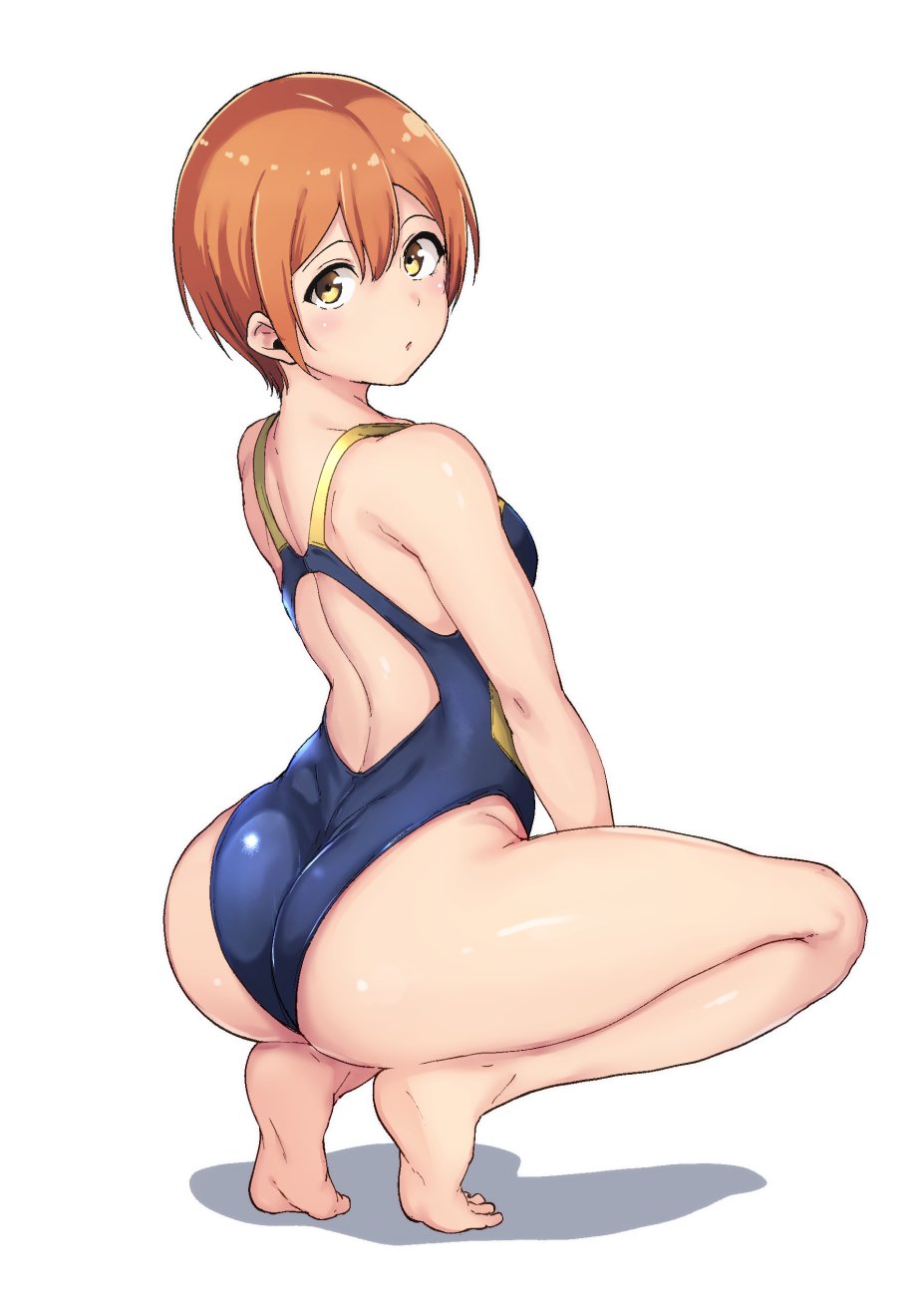1girl, alp, ass, barefoot, blush, breasts, competition_swimsuit, feet, female_focus, hair_between_eyes, highleg, highleg_one-piece_swimsuit, highres, hoshizora_rin, looking_at_viewer, love_live!, love_live!_school_idol_project, one-piece_swimsuit, orange_hair, short_hair, shoulder_blades, small_breasts, solo, squatting, swimsuit, white_background, yellow_eyes