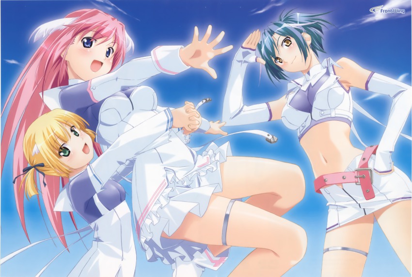 00s, 3girls, absurdres, armpits, belt, blonde_hair, blue_eyes, blue_hair