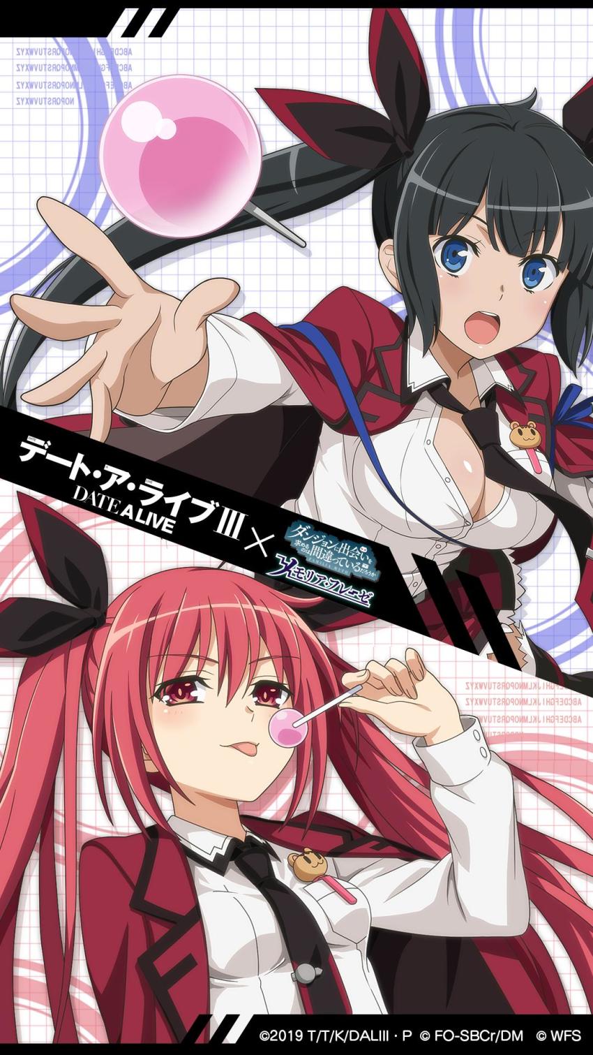2girls, :p, arm_ribbon, black_hair, black_ribbon, blue_eyes, blue_ribbon, breasts, candy, cleavage, commentary_request, copyright_name, cosplay, crossover, date_a_live, dungeon_ni_deai_wo_motomeru_no_wa_machigatteiru_darou_ka, food, hair_ribbon, hestia_(danmachi), highres, itsuka_kotori, itsuka_kotori_(cosplay), jacket, jacket_on_shoulders, large_breasts, lollipop, long_hair, looking_at_viewer, multiple_girls, necktie, official_art, open_mouth, red_eyes, red_hair, red_jacket, red_skirt, rei_no_himo, ribbon, shirt, skirt, small_breasts, smile, tongue, tongue_out, twintails, very_long_hair, voice_actor_connection, white_shirt