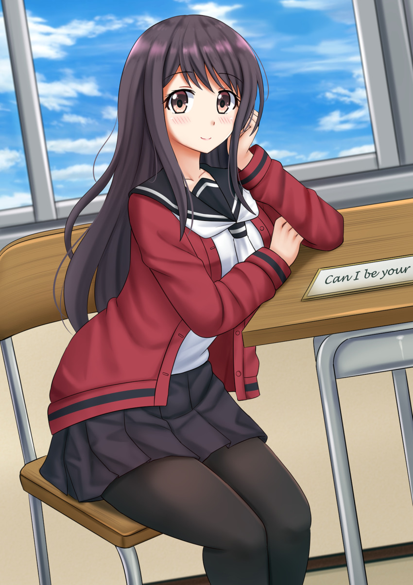 1girl, arm_support, black_pantyhose, black_sailor_collar, black_skirt, blue_sky, blush, brown_eyes
