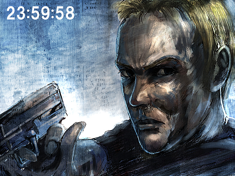 1boy, 24_(series), bccp, gradient_background, gun, jack_bauer, kiefer_sutherland, male_focus, short_hair, solo, weapon, white_background