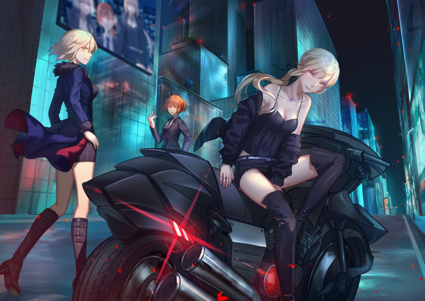 3girls, absurdres, artist_name, artoria_pendragon_(fate), bad_id, bad_pixiv_id, between_legs, black_dress
