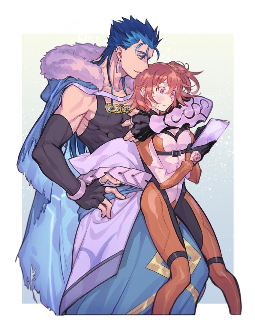 1boy, 1girl, arm_around_neck, black_gloves, blue_background, blue_hair, blush, bodysuit