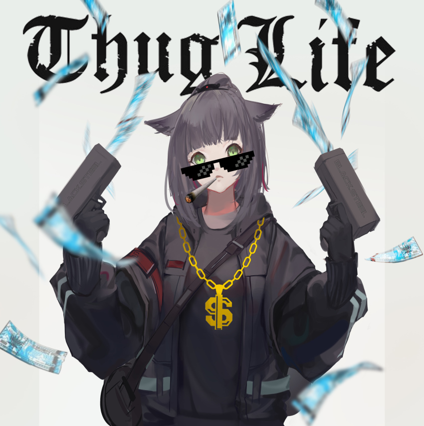 1girl, absurdres, animal_ears, arknights, bag, black_gloves, black_hair, black_jacket