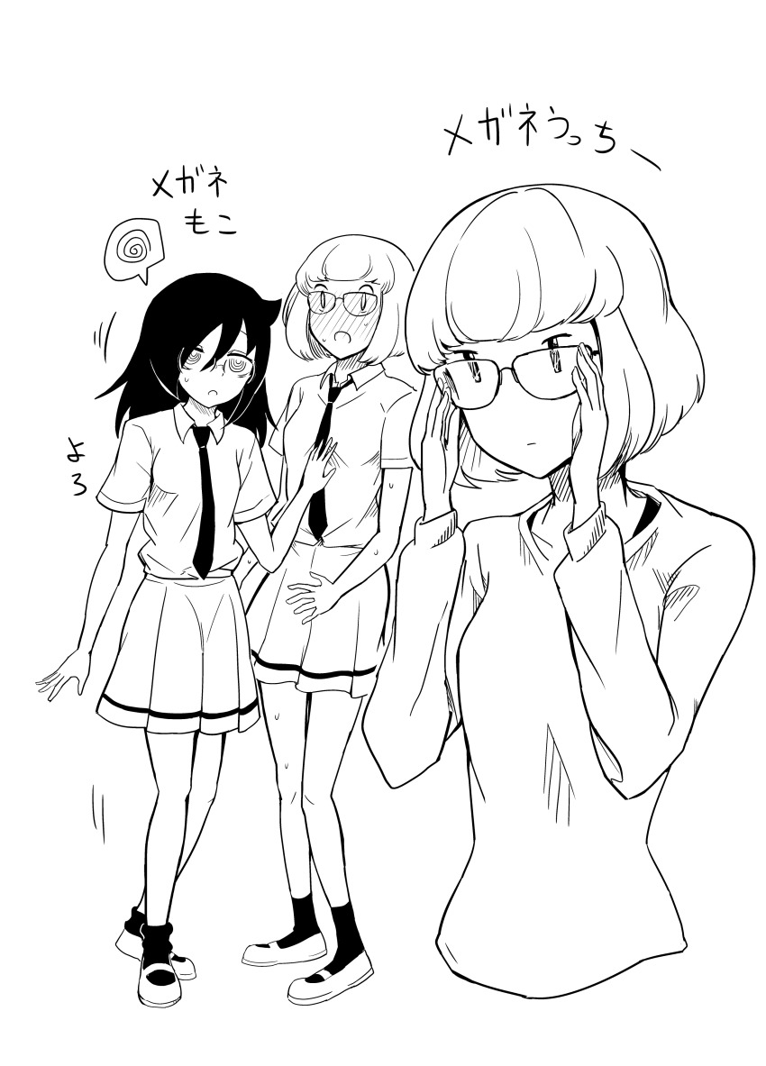 3girls, absurdres, adjusting_eyewear, bags_under_eyes, black_hair, blonde_hair, cyber_dragon-kun, glasses