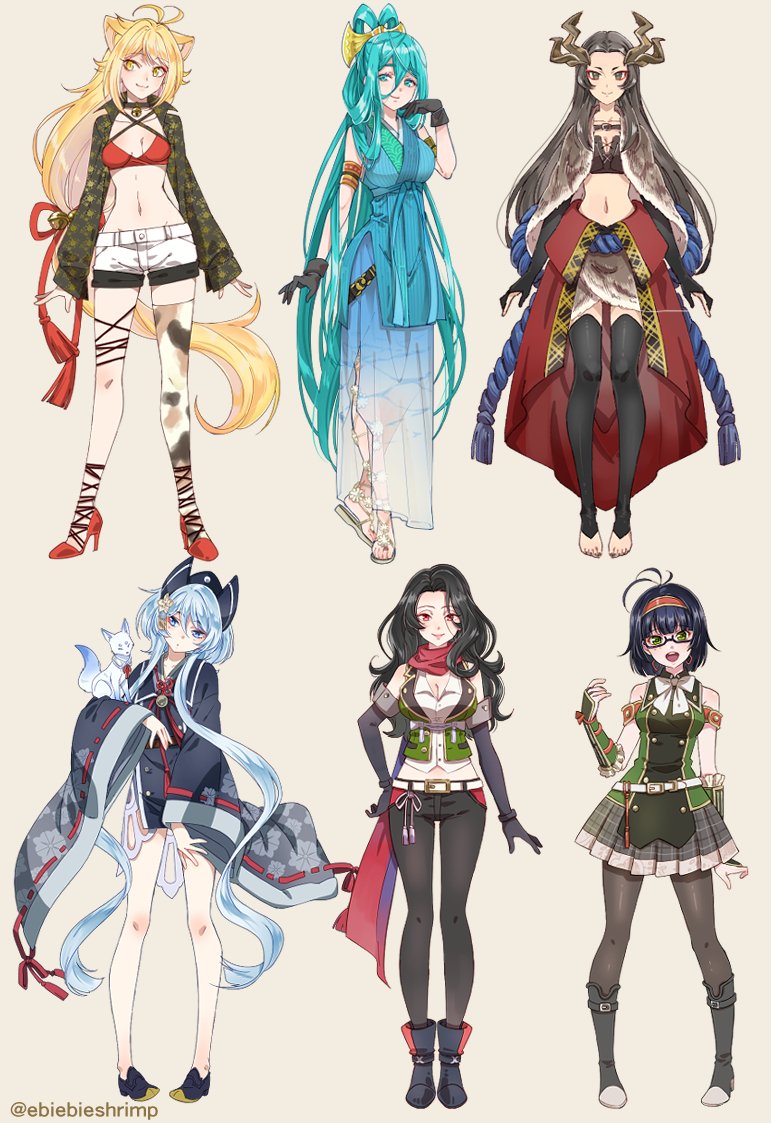 6+girls, :d, antenna_hair, aqua_eyes, aqua_hair, armor, bell, belt, black-framed_eyewear, black_gloves, black_hair, black_legwear, blonde_hair, blue_eyes, bow, breasts, brown_eyes, brown_hair, buzen_gou, cape, chiyoganemaru, choker, cleavage, fox, genderswap, genderswap_(mtf), glasses, gloves, green_eyes, hair_bell, hair_ornament, hairband, hakusan_yoshimitsu, hakusan_yoshimitsu's_fox, hat, high_heels, japanese_armor, japanese_clothes, kote, kotegiri_gou, long_hair, low-tied_long_hair, midriff, mole, mole_under_eye, multiple_girls, nansen_ichimonji, navel, nenekirimaru, open_mouth, pants, pantyhose, plaid_clothes, plaid_skirt, pleated_skirt, print_legwear, red_eyes, sandals, scarf, shorts, shuri_(84k), silver_hair, single_thighhigh, skirt, smile, thighhighs, touken_ranbu, twitter_username, very_long_hair, wide_sleeves, yellow_eyes