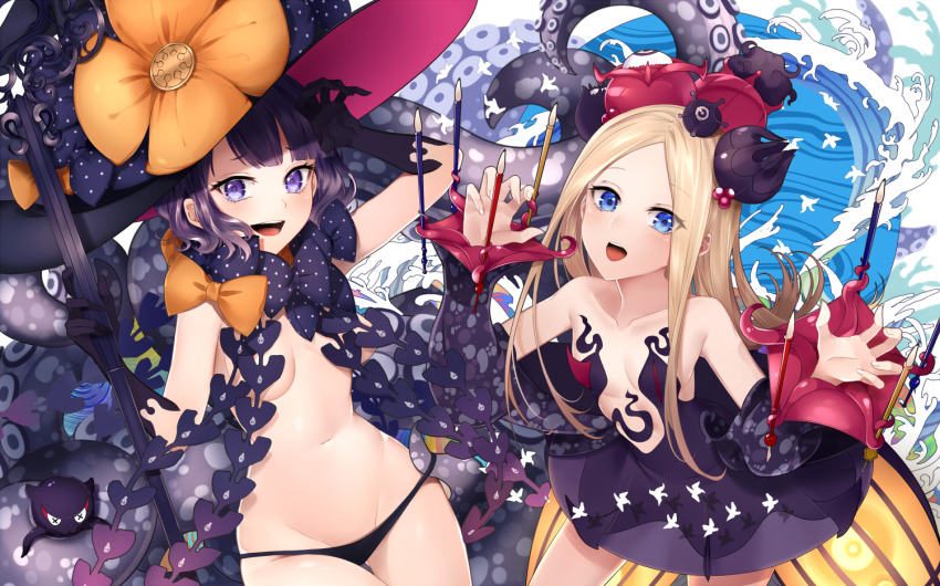 2girls, :d, abigail_williams_(fate), abigail_williams_(fate)_(cosplay), abigail_williams_(third_ascension)_(fate), animal, arm_up, bare_shoulders
