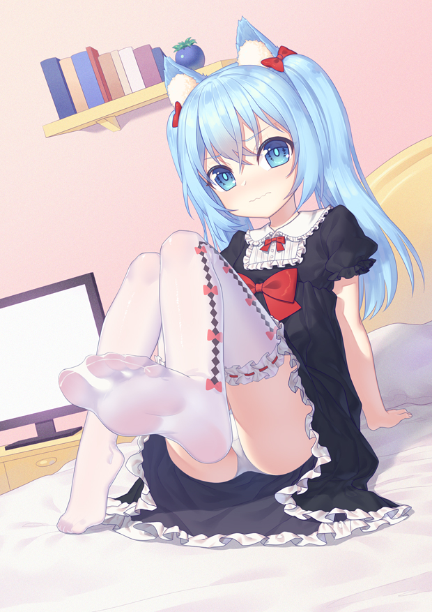 1girl, animal_ear_fluff, animal_ears, arm_support, black_dress, blue_eyes, blue_hair, bow