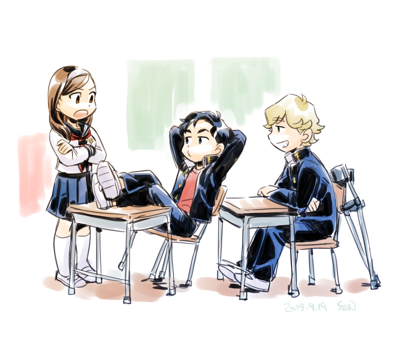 1girl, 2boys, arms_behind_head, billy_batson, black_hair, blonde_hair, blue_eyes, brown_eyes