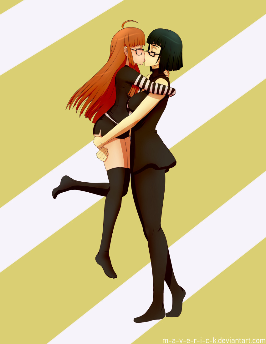 2girls, age_difference, ahoge, artist_name, black_hair, blunt_bangs, breasts, carrying