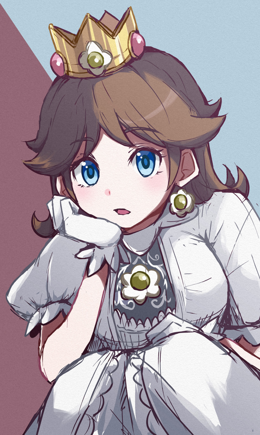 1girl, alternate_color, blue_eyes, brooch, brown_hair, crown, dress, earrings, female_focus, flipped_hair, flower_earrings, gem, gloves, highres, jewelry, looking_at_viewer, mario_(series), medium_hair, missou_shiro, nintendo, open_mouth, princess, princess_daisy, puffy_short_sleeves, puffy_sleeves, short_sleeves, solo, super_mario_land, super_smash_bros., two-tone_background, white_dress, white_gloves